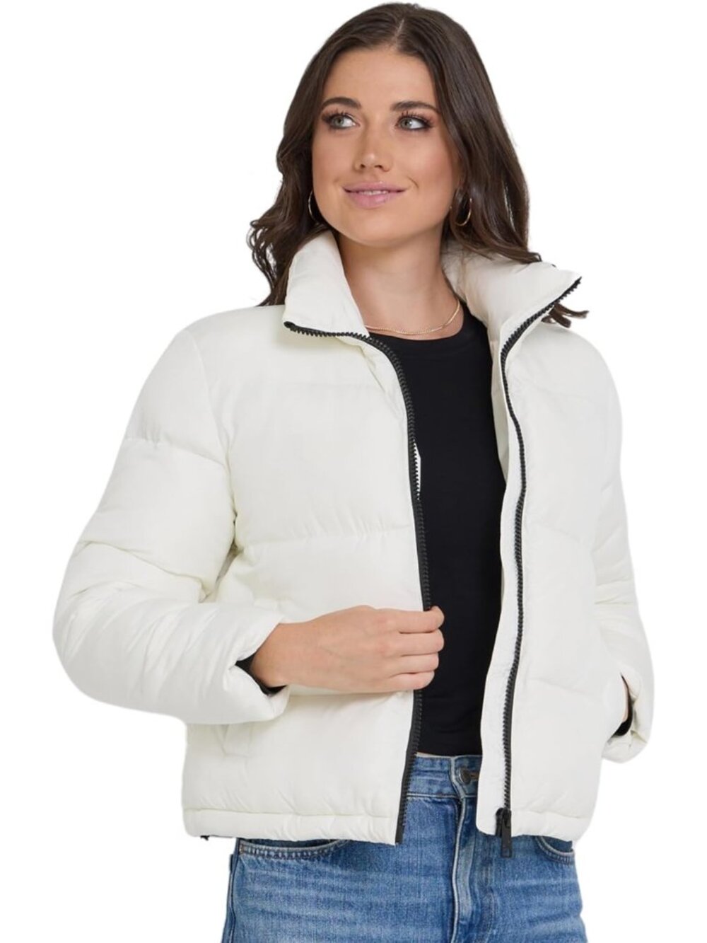 Steve Madden Women's White Trendy Winter Warm Long Sleeve Cropped Puffer Jackets